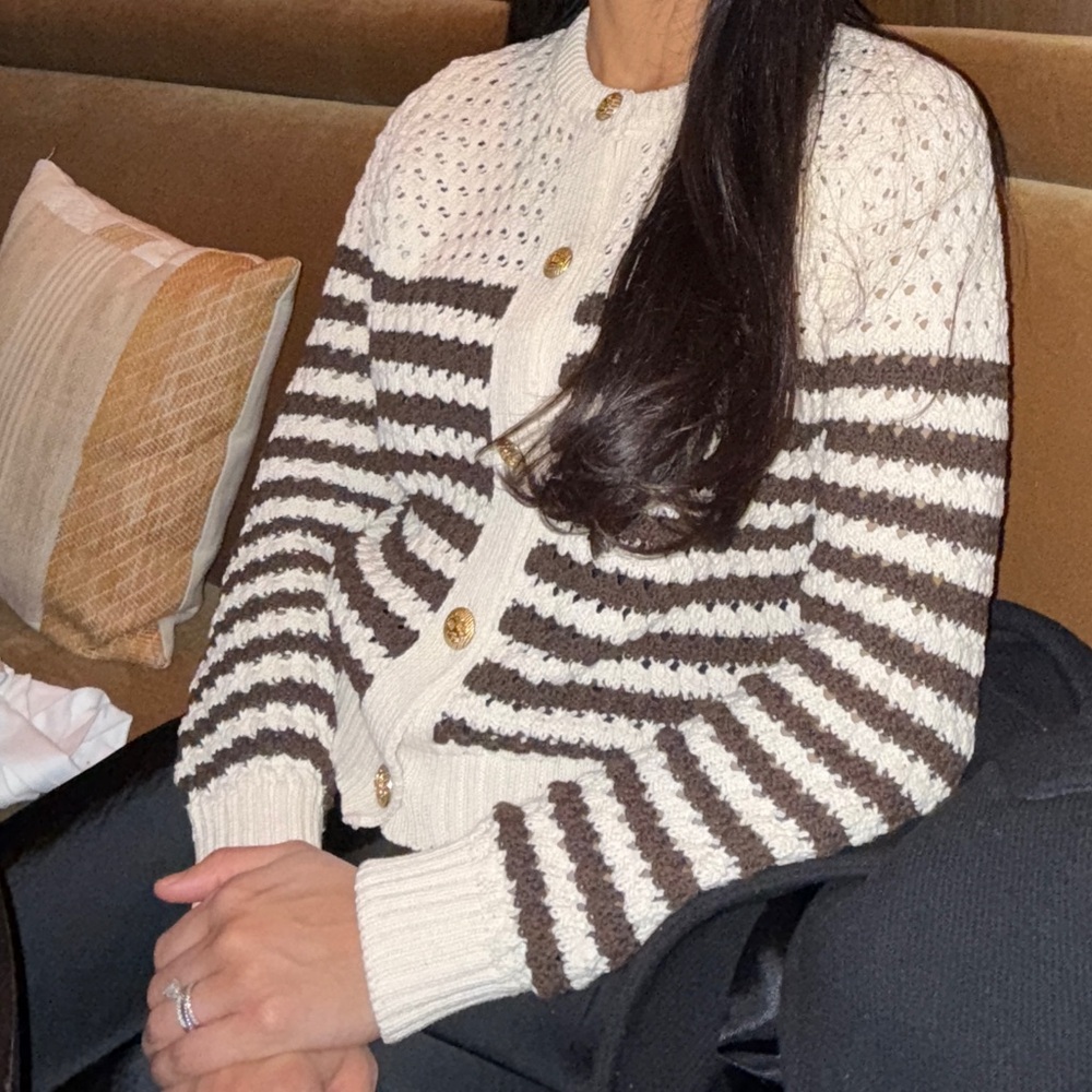 Mango Striped Cream and Brown Women's Cardigan